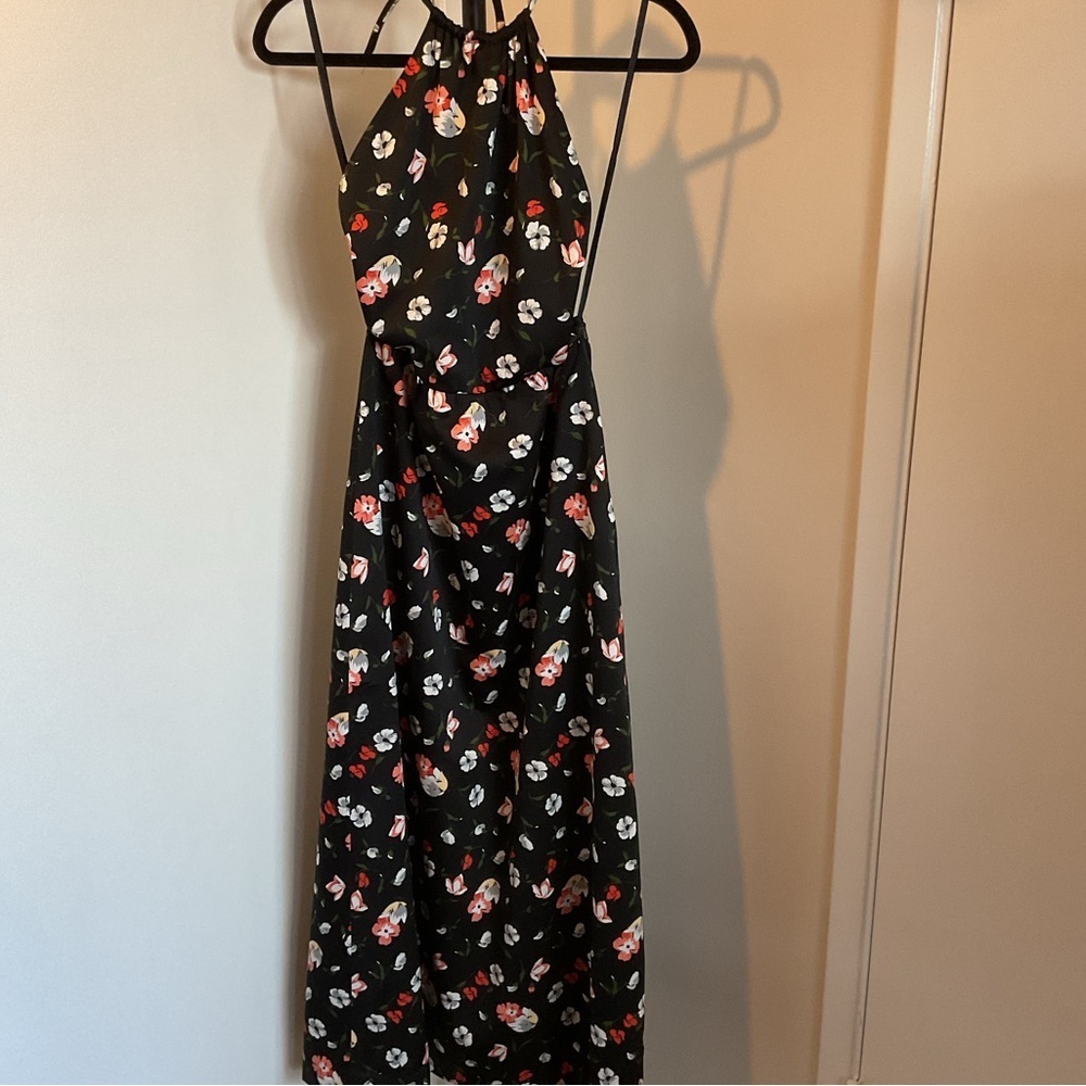 ILGWU Vintage Black Pink Halter Backless Party Dress Flowy Cocktail Size 4